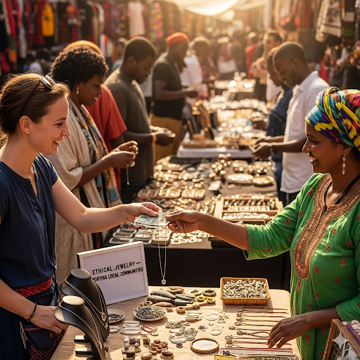 A stylized image showing artisans working together in a clean, safe workshop, highlighting the social impact of ethical jewelry.